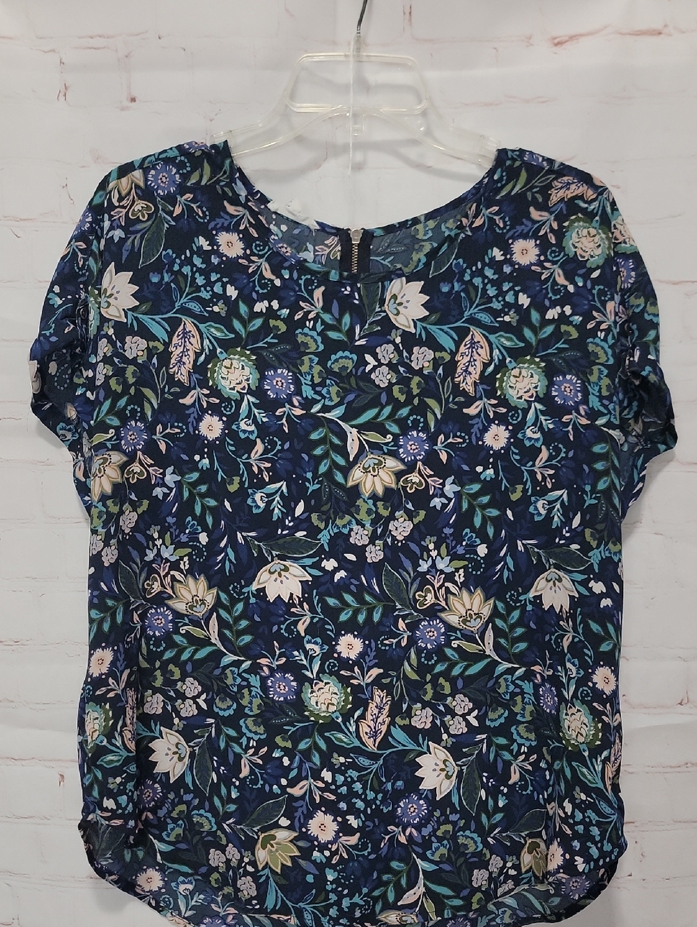 Maurices Navy Floral Short-Sleeve Blouse with Cream & Green Accents